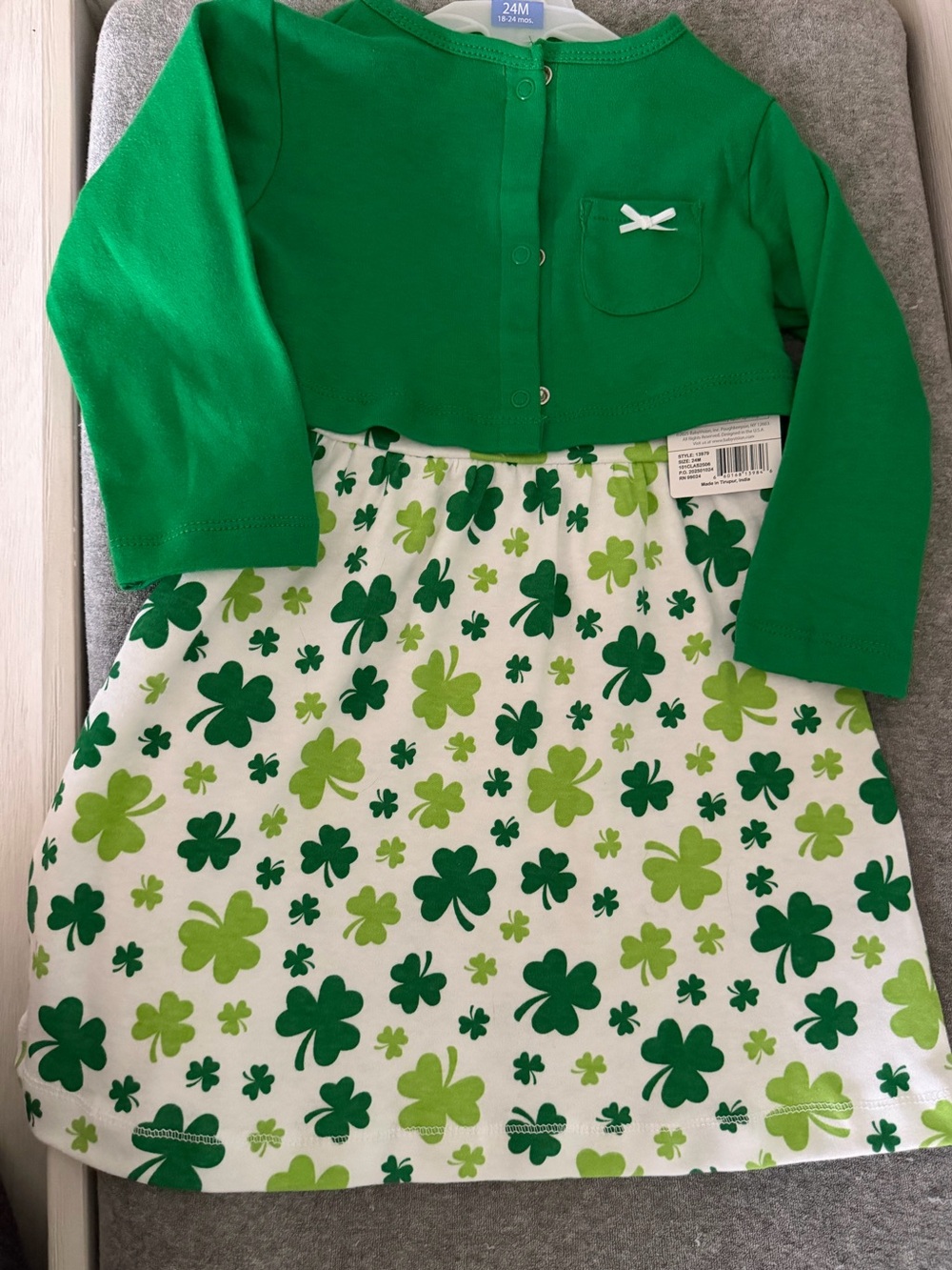 Hudson Baby Green and White Shamrock Print Dress with Green Cardigan